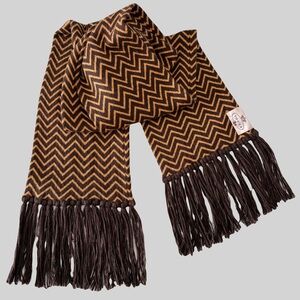 1990s TOCCA Cashmere Knit Scarf‎ Brown / Gold Chevron Fringe Trim Unisex